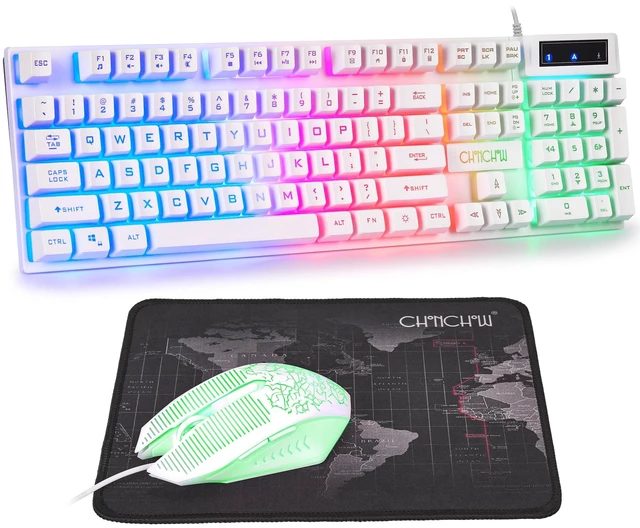 Main image of 1910 White Gaming Keyboard and Mouse LED Backlit 104Keys Full Size | Wired Keyboard Mechanical Feeling Illuminated key Anti-Ghosting, Compatible with PC, Mac, PS4/5, Xbox