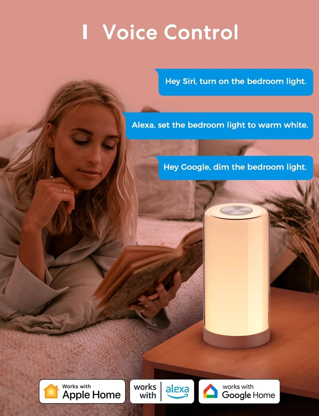 Alt view image 2 of 7 - Smart Table Lamp, Compatible with Apple HomeKit and Amazon Alexa | Bedside Lamp, Work with Google, SmartThings, Siri, Tunable White and Multi-Color, Touch Control, Voice and App Control