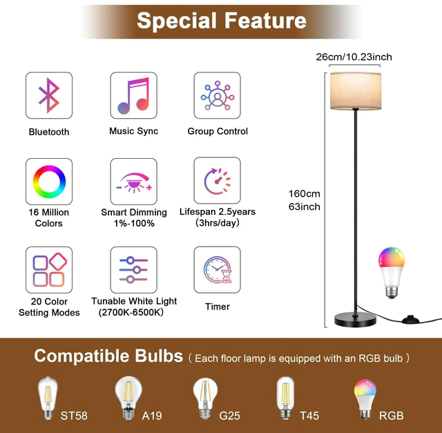 Alt view image 2 of 7 - Floor Lamp for Living Room - Bedroom Standing Tall Lamps with Remote & Color Changing Light Bulbs - Dimmable Mordern Corner Lights for Office with Beige Shade