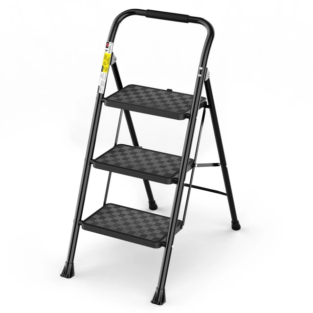 Main image of 3 Step Ladder, Step Stool Foldable for Adults | Wide Anti-Slip Pedal, Lightweight 3 Step Ladders for Home, Black