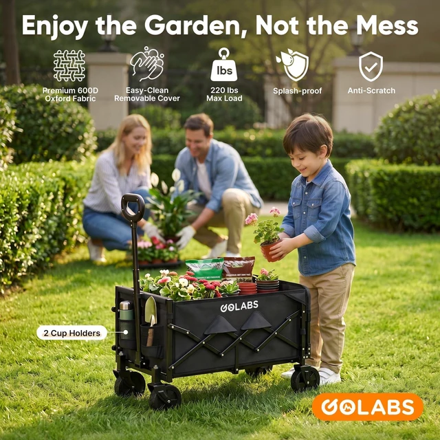 Alt view image 2 of 7 - WA1 Collapsible Folding Wagon Cart, Max 220lb Load, Expands to 100L | Dual-Bearing Wheels, Smooth Swivel Steering, Drop-Down Tailgate, Extended Storage, 2 Cup Holders,Grocery/Garden/Camping