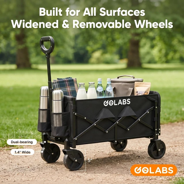 Alt view image 5 of 7 - WA1 Collapsible Folding Wagon Cart, Max 220lb Load, Expands to 100L | Dual-Bearing Wheels, Smooth Swivel Steering, Drop-Down Tailgate, Extended Storage, 2 Cup Holders,Grocery/Garden/Camping