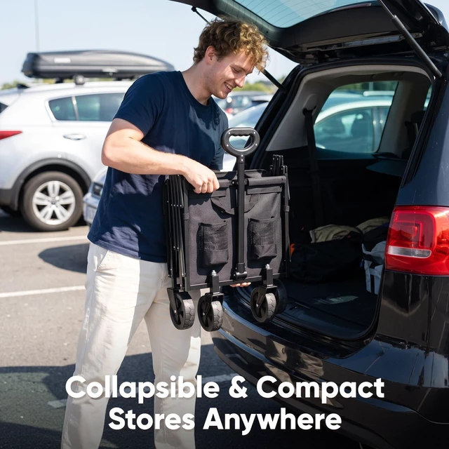 Alt view image 4 of 7 - WA1 Collapsible Folding Wagon Cart, Max 220lb Load, Expands to 100L | Dual-Bearing Wheels, Smooth Swivel Steering, Drop-Down Tailgate, Extended Storage, 2 Cup Holders,Grocery/Garden/Camping