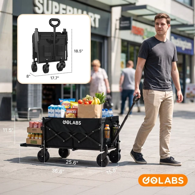 Alt view image 7 of 7 - WA1 Collapsible Folding Wagon Cart, Max 220lb Load, Expands to 100L | Dual-Bearing Wheels, Smooth Swivel Steering, Drop-Down Tailgate, Extended Storage, 2 Cup Holders,Grocery/Garden/Camping