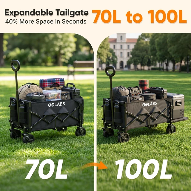 Alt view image 3 of 7 - WA1 Collapsible Folding Wagon Cart, Max 220lb Load, Expands to 100L | Dual-Bearing Wheels, Smooth Swivel Steering, Drop-Down Tailgate, Extended Storage, 2 Cup Holders,Grocery/Garden/Camping