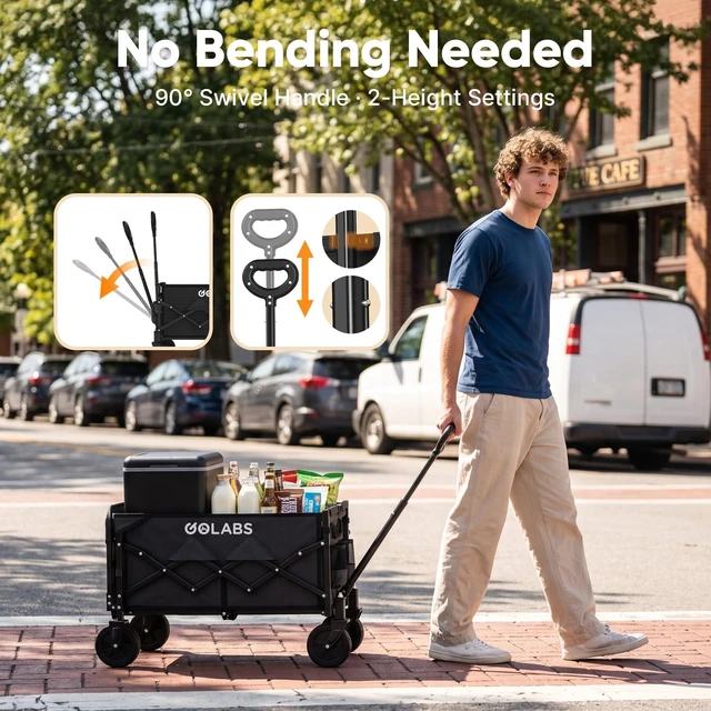 Alt view image 6 of 7 - WA1 Collapsible Folding Wagon Cart, Max 220lb Load, Expands to 100L | Dual-Bearing Wheels, Smooth Swivel Steering, Drop-Down Tailgate, Extended Storage, 2 Cup Holders,Grocery/Garden/Camping