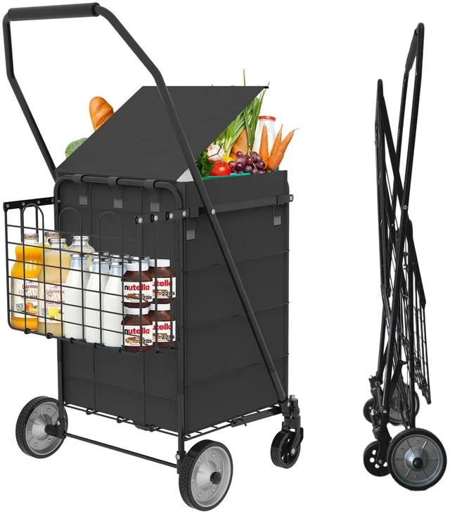 Main image of Folding Grocery Cart on Wheels - Waterproof Bag Included, 10-min Assembly Utility Wagon, Lightweight Shopping Cart with 360° Swivel Wheels for Grocery, Apartments, Laundry, Max Load 100 lbs