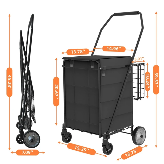 Alt view image 2 of 7 - Folding Grocery Cart on Wheels - Waterproof Bag Included, 10-min Assembly Utility Wagon, Lightweight Shopping Cart with 360° Swivel Wheels for Grocery, Apartments, Laundry, Max Load 100 lbs