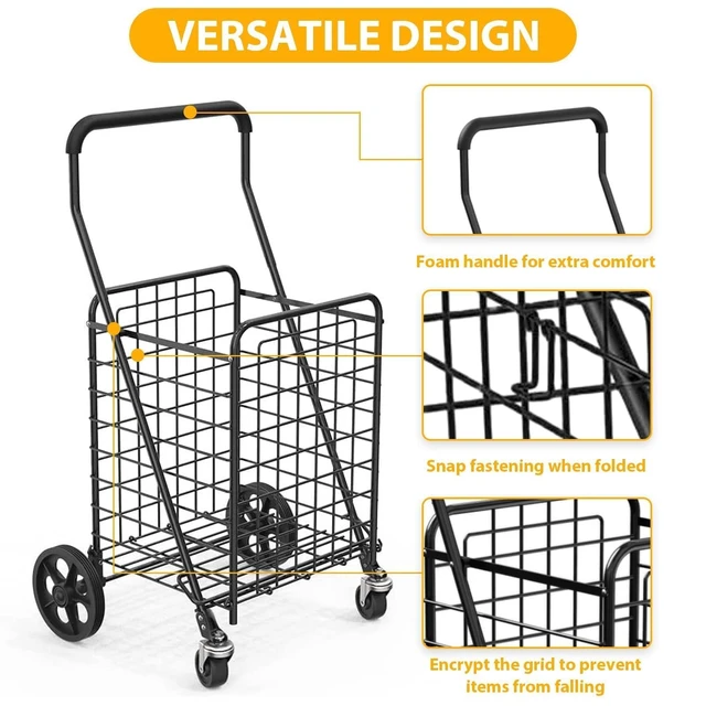 Alt view image 3 of 7 - Grocery Shopping Cart with 360° Rolling Swivel Wheels, 100LBS Utility Cart Easily Collapsible Cart Extended Foam Cover, Trolley for Laundry,Groceries,Travel Black (Medium)