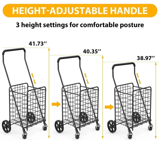 Alt view image 4 of 7 - Grocery Shopping Cart with 360° Rolling Swivel Wheels, 100LBS Utility Cart Easily Collapsible Cart Extended Foam Cover, Trolley for Laundry,Groceries,Travel Black (Medium)