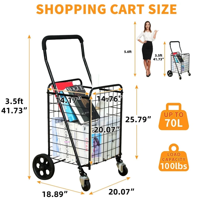 Alt view image 5 of 7 - Grocery Shopping Cart with 360° Rolling Swivel Wheels, 100LBS Utility Cart Easily Collapsible Cart Extended Foam Cover, Trolley for Laundry,Groceries,Travel Black (Medium)