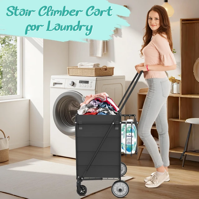 Alt view image 7 of 7 - Folding Grocery Cart on Wheels - Waterproof Bag Included, 10-min Assembly Utility Wagon, Lightweight Shopping Cart with 360° Swivel Wheels for Grocery, Apartments, Laundry, Max Load 100 lbs