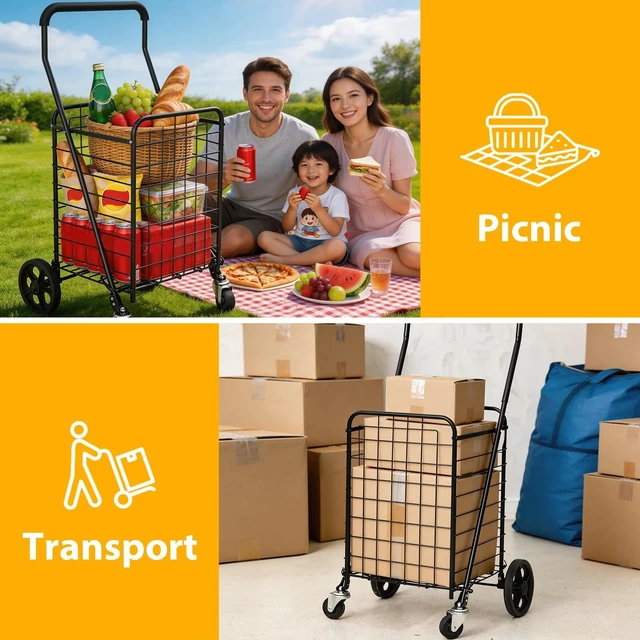 Alt view image 6 of 7 - Grocery Shopping Cart with 360° Rolling Swivel Wheels, 100LBS Utility Cart Easily Collapsible Cart Extended Foam Cover, Trolley for Laundry,Groceries,Travel Black (Medium)