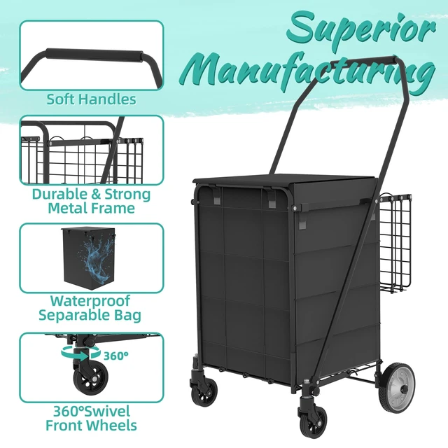 Alt view image 6 of 7 - Folding Grocery Cart on Wheels - Waterproof Bag Included, 10-min Assembly Utility Wagon, Lightweight Shopping Cart with 360° Swivel Wheels for Grocery, Apartments, Laundry, Max Load 100 lbs