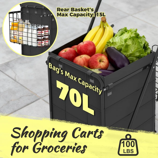 Alt view image 4 of 7 - Folding Grocery Cart on Wheels - Waterproof Bag Included, 10-min Assembly Utility Wagon, Lightweight Shopping Cart with 360° Swivel Wheels for Grocery, Apartments, Laundry, Max Load 100 lbs