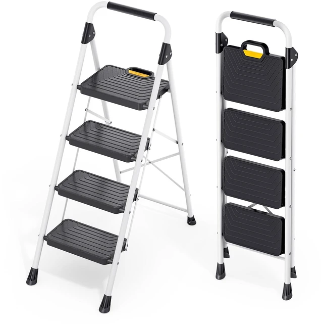 Main image of 4 Step Ladder, Folding Step Stool for Home and Kitchen, White | Foldable, Space Saving, Portable, Sturdy Steel, Anti-Slip Pedals, Safe-Lock Design, Comfort Handrail, 800lbs Load Capacity