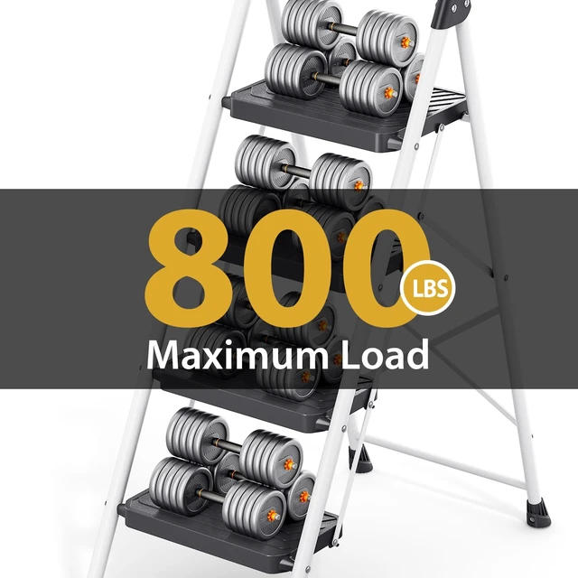 Alt view image 4 of 7 - 4 Step Ladder, Folding Step Stool for Home and Kitchen, White | Foldable, Space Saving, Portable, Sturdy Steel, Anti-Slip Pedals, Safe-Lock Design, Comfort Handrail, 800lbs Load Capacity