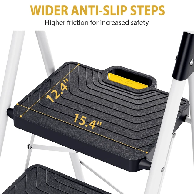 Alt view image 3 of 7 - 4 Step Ladder, Folding Step Stool for Home and Kitchen, White | Foldable, Space Saving, Portable, Sturdy Steel, Anti-Slip Pedals, Safe-Lock Design, Comfort Handrail, 800lbs Load Capacity