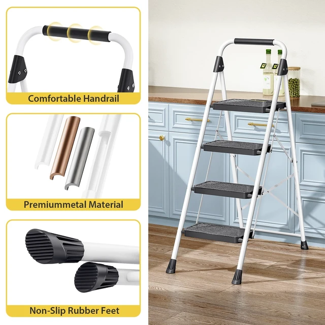 Alt view image 5 of 7 - 4 Step Ladder, Folding Step Stool for Home and Kitchen, White | Foldable, Space Saving, Portable, Sturdy Steel, Anti-Slip Pedals, Safe-Lock Design, Comfort Handrail, 800lbs Load Capacity