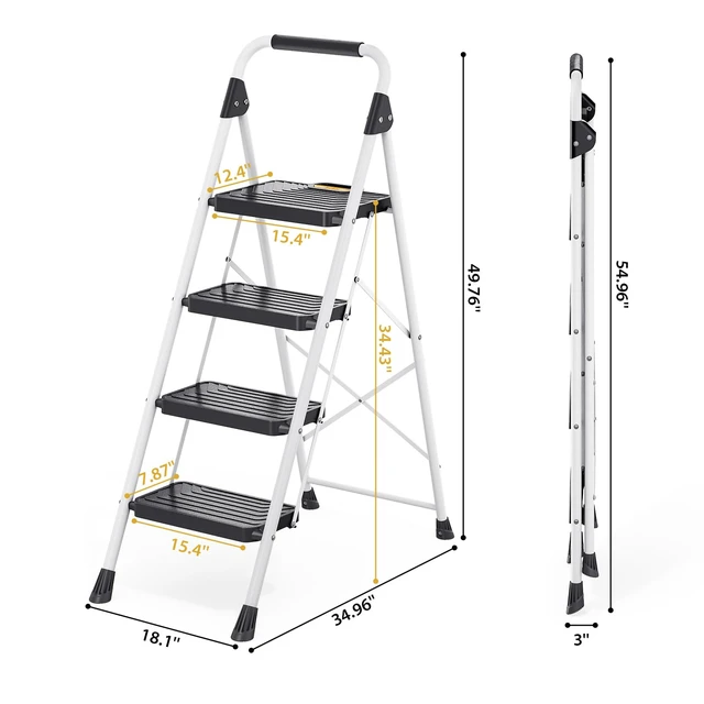 Alt view image 6 of 7 - 4 Step Ladder, Folding Step Stool for Home and Kitchen, White | Foldable, Space Saving, Portable, Sturdy Steel, Anti-Slip Pedals, Safe-Lock Design, Comfort Handrail, 800lbs Load Capacity