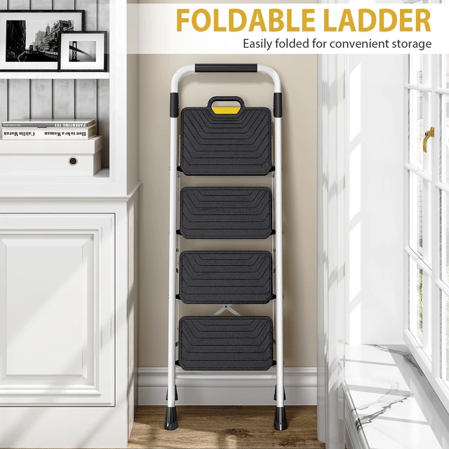 Alt view image 7 of 7 - 4 Step Ladder, Folding Step Stool for Home and Kitchen, White | Foldable, Space Saving, Portable, Sturdy Steel, Anti-Slip Pedals, Safe-Lock Design, Comfort Handrail, 800lbs Load Capacity