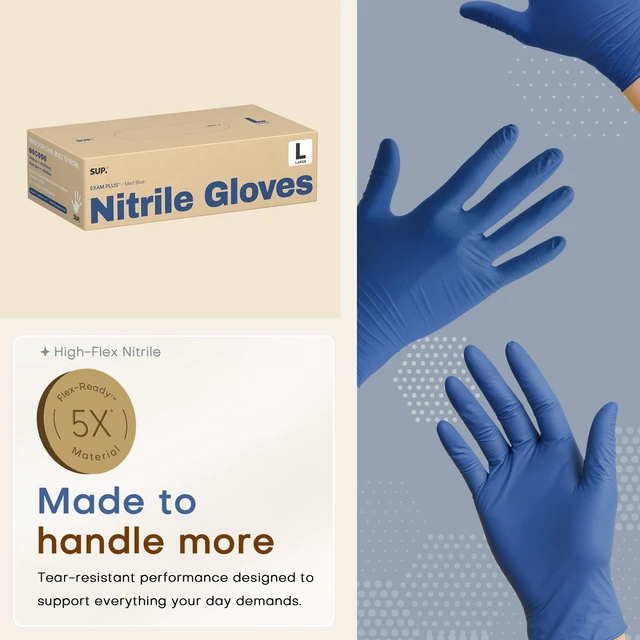 Alt view image 3 of 6 - SUP Powder-Free Nitrile Gloves, Food Safe, Latex-Free, Medical Grade, Non-Sterile, Disposable, Blue, 100/1000 Count
