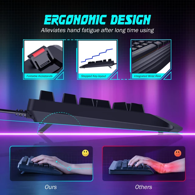 Alt view image 2 of 6 - Wired Gaming Keyboard with 7-Color Backlit, 104 Silent Keys, and Wrist Rest