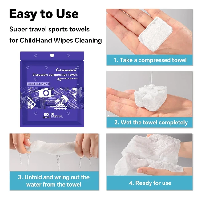 Alt view image 3 of 6 - Cottonessence Premium Compressed Towel 30 Count, 9.4 x 11.8 Inches, Individually Wrapped Cotton Wipes, Portable for Travel Camping Hiking Outdoor
