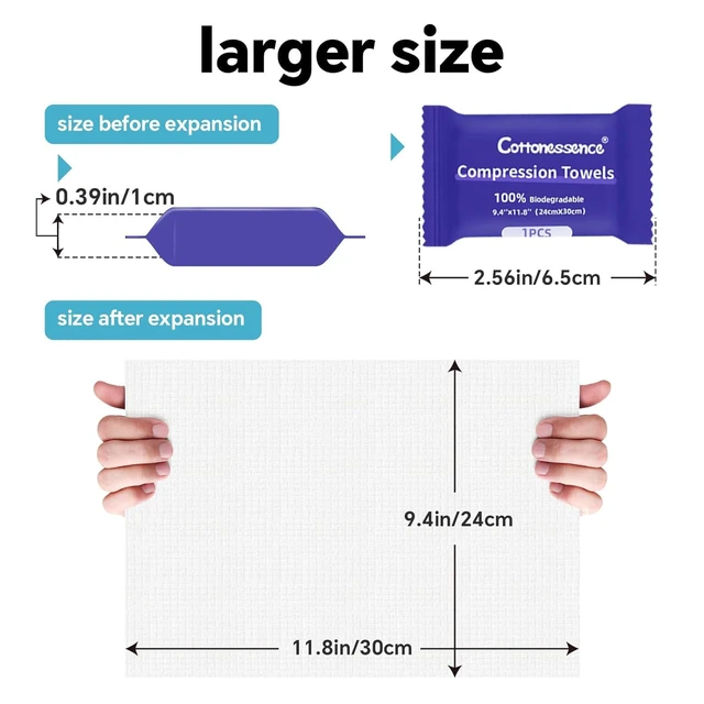 Alt view image 4 of 6 - Cottonessence Premium Compressed Towel 30 Count, 9.4 x 11.8 Inches, Individually Wrapped Cotton Wipes, Portable for Travel Camping Hiking Outdoor