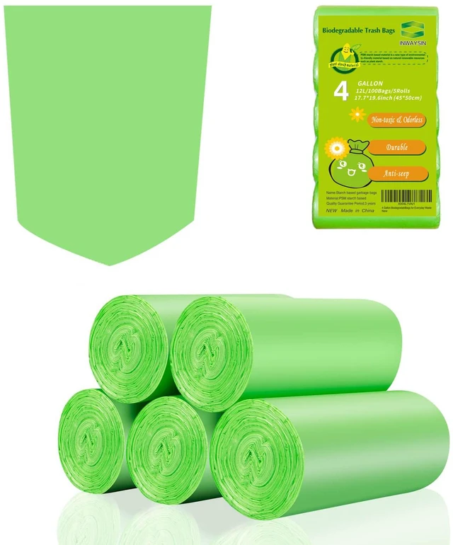 Main image of Inwaysin 4 Gallon Biodegradable Compostable Small Trash Bags, 100 Count, Unscented, Green, Strong and Thick for Bathroom Kitchen Office Car