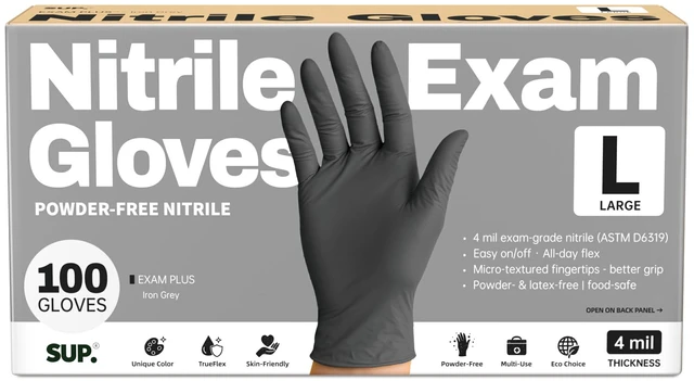 Main image of SUP Powder-Free Nitrile Exam Gloves, 100 Count, Food Safe, Latex-Free, Medical Non-Sterile, Disposable, Cooking, Black