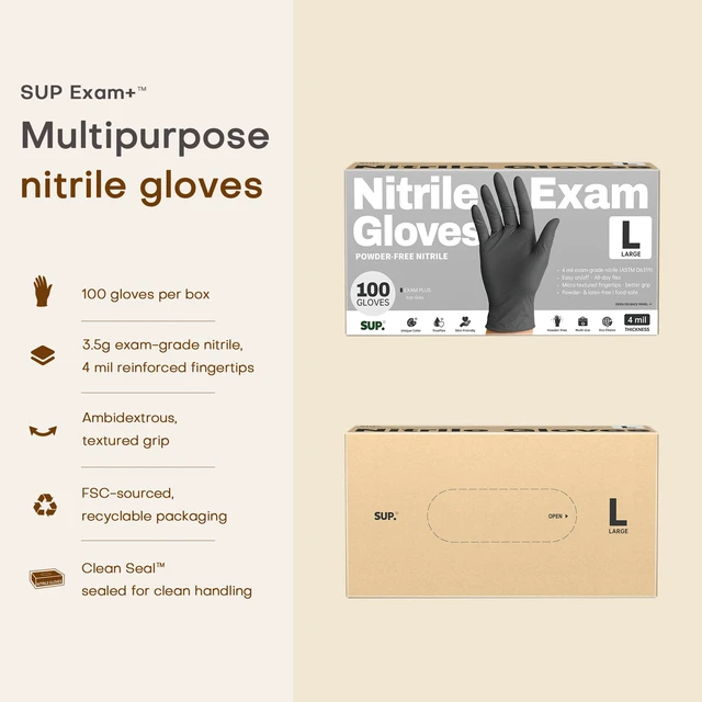 Alt view image 5 of 6 - SUP Powder-Free Nitrile Exam Gloves, 100 Count, Food Safe, Latex-Free, Medical Non-Sterile, Disposable, Cooking, Black