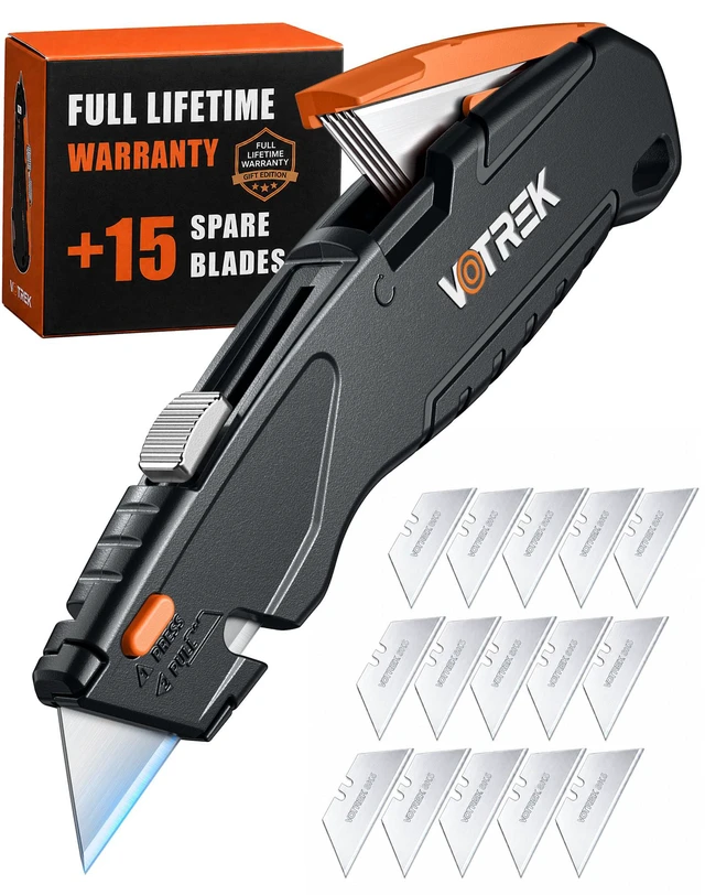 Main image of VOTREK Retractable Box Cutter, Metal Utility Knife with Built-in Storage, Tool-Free Quick Blade Change, Safety Lock, Extra 10 SK5 Blades, Heavy Duty Cardboard Cutter, Pap