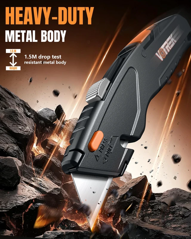 Alt view image 4 of 6 - VOTREK Retractable Box Cutter, Metal Utility Knife with Built-in Storage, Tool-Free Quick Blade Change, Safety Lock, Extra 10 SK5 Blades, Heavy Duty Cardboard Cutter, Pap