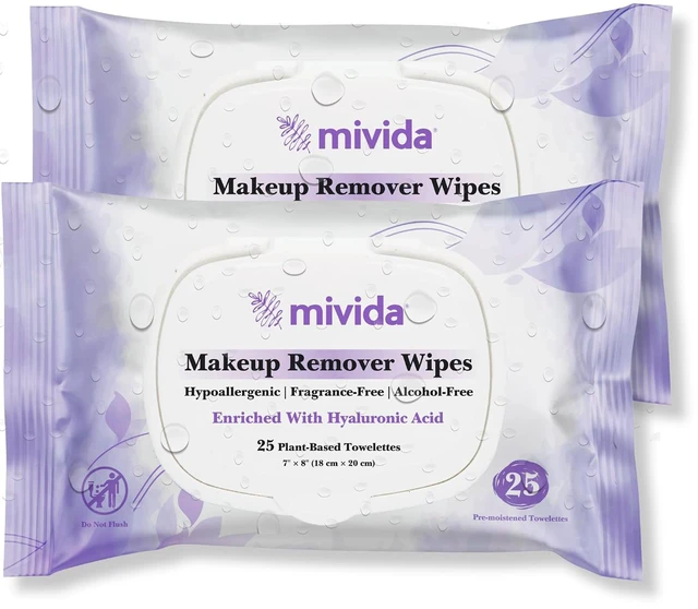 Main image of Mivida Hypoallergenic Makeup Remover Wipes with Hyaluronic Acid, Dermatologist Tested, Alcohol & Fragrance Free, for Sensitive Skin, Travel Friendly, 2 x 25 Count