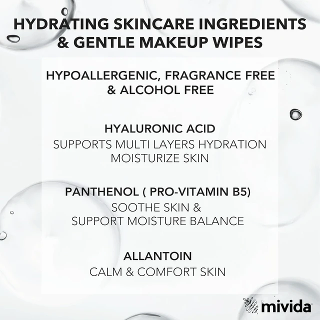 Alt view image 2 of 6 - Mivida Hypoallergenic Makeup Remover Wipes with Hyaluronic Acid, Dermatologist Tested, Alcohol & Fragrance Free, for Sensitive Skin, Travel Friendly, 2 x 25 Count