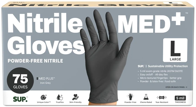 Main image of SUP MED+ Black Nitrile Exam Gloves, 5 Mil Latex-Free Powder-Free Disposable Medical Food Safe Cooking Gloves, 75 or 750 Ct