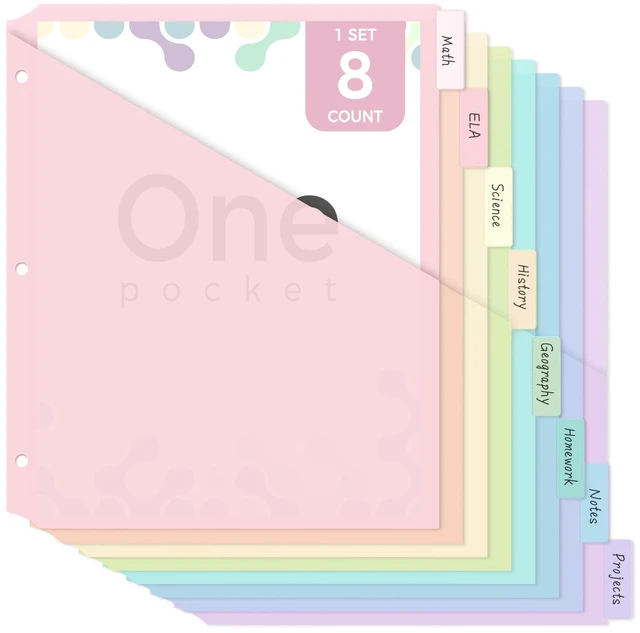 Main image of Skydue 8-Tab Pastel Binder Dividers with Pockets, Durable Plastic for 3 Ring Binder, Single Pocket File Organizers with Matching Label Stickers