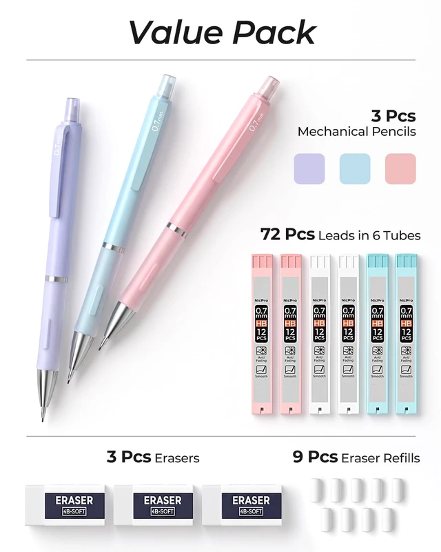 Alt view image 4 of 6 - Nicpro 0.7mm Mechanical Pencil Set, 3-Pack with Case
