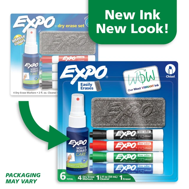 Alt view image 6 of 6 - EXPO Dry Erase Markers Kit, Chisel Tip, Assorted Colors, 6 Count, Eraser, Spray Cleaner
