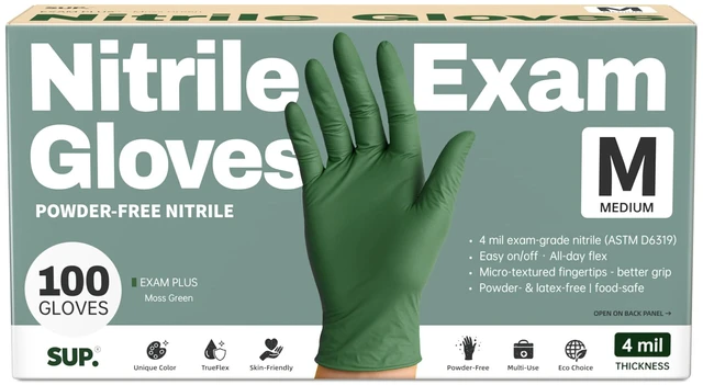Main image of SUP Powder-Free Nitrile Exam Gloves, 100 Count, Food Safe, Latex-Free, Disposable, for Medical Lab, Cooking, Cleaning, Green
