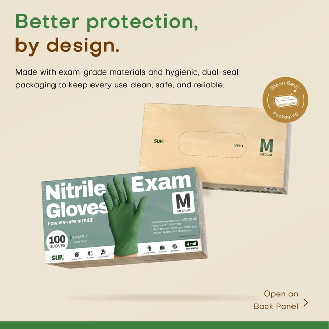 Alt view image 6 of 6 - SUP Powder-Free Nitrile Exam Gloves, 100 Count, Food Safe, Latex-Free, Disposable, for Medical Lab, Cooking, Cleaning, Green