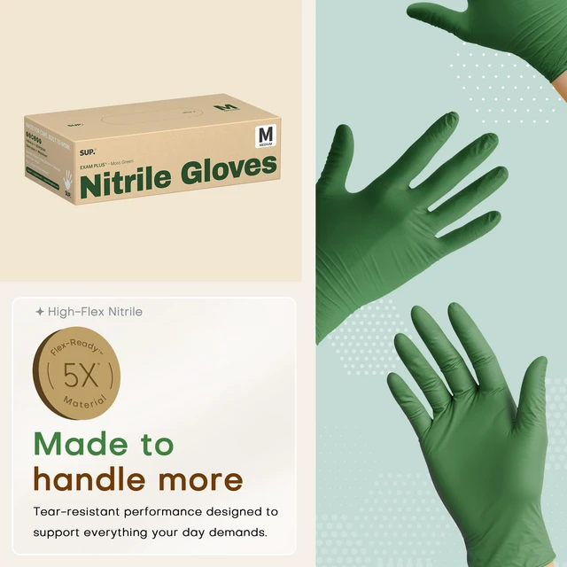 Alt view image 2 of 6 - SUP Powder-Free Nitrile Exam Gloves, 100 Count, Food Safe, Latex-Free, Disposable, for Medical Lab, Cooking, Cleaning, Green