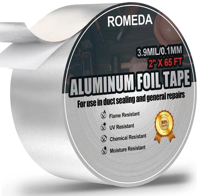 Main image of Romeda Aluminum Foil Tape 2 inch x 65 Feet 3.9 mil Silver Insulation Adhesive Metal Tape High Temperature Heavy Duty for HVAC Ductwork Dryer Vent