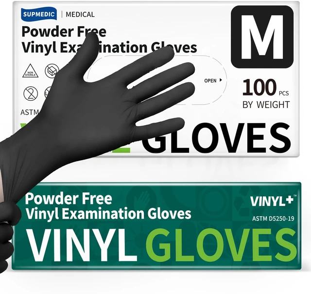 Main image of SUPMEDIC Vinyl Medical Exam Gloves, Latex & Powder-Free Disposable, Black