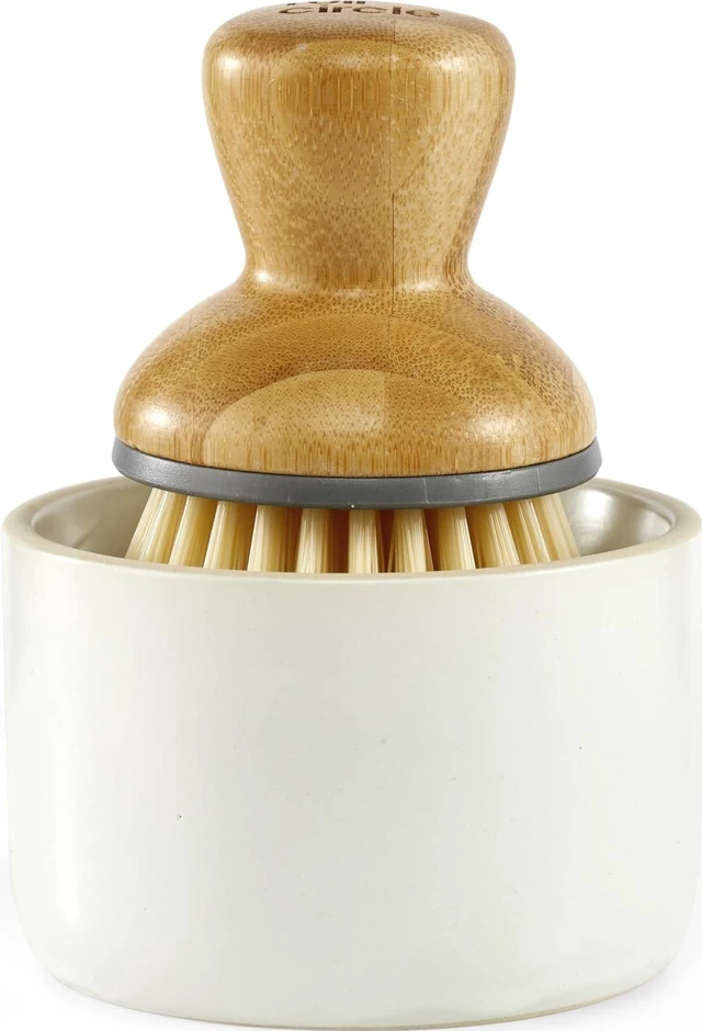 Main image of Full Circle Bubbly Palm Brush & Ceramic Soap Dispenser, White