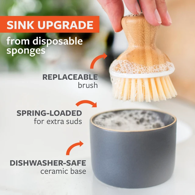 Alt view image 6 of 6 - Full Circle Bubbly Palm Brush & Ceramic Soap Dispenser, White