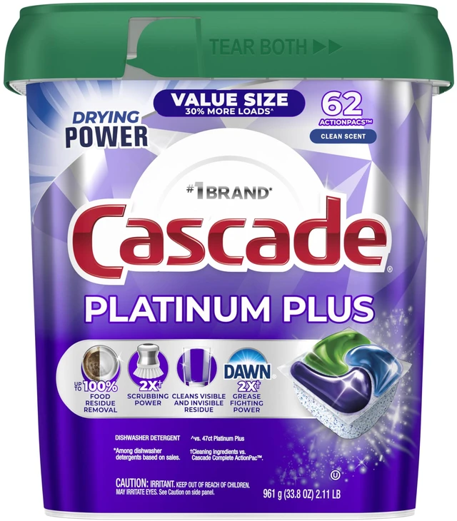 Main image of Cascade Platinum Plus Dishwasher Pods, Dish Detergent, Clean Scent, 62 Count