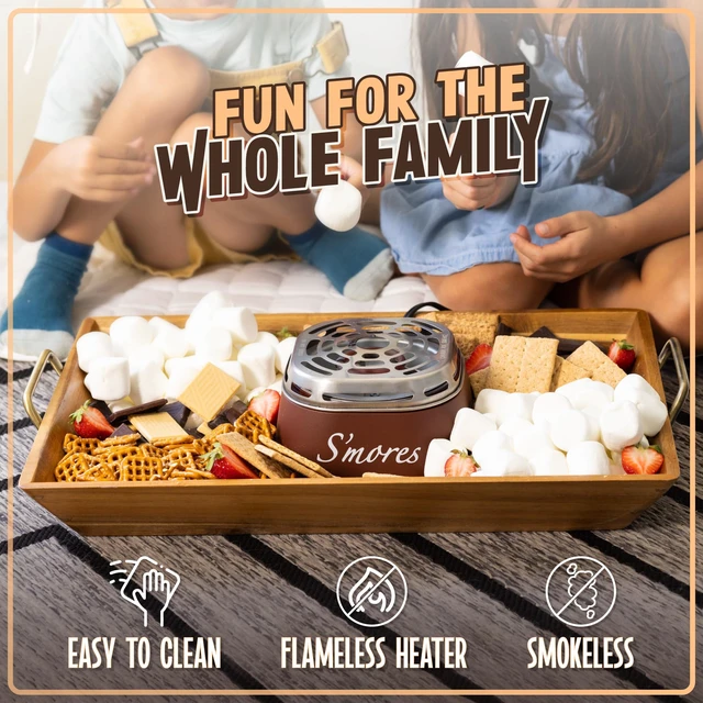 Alt view image 3 of 6 - Nostalgia Tabletop Indoor Electric S'mores Maker with Marshmallow Roasting Sticks and 4 Trays for Graham Crackers, Chocolate, and Marshmallows, Brown