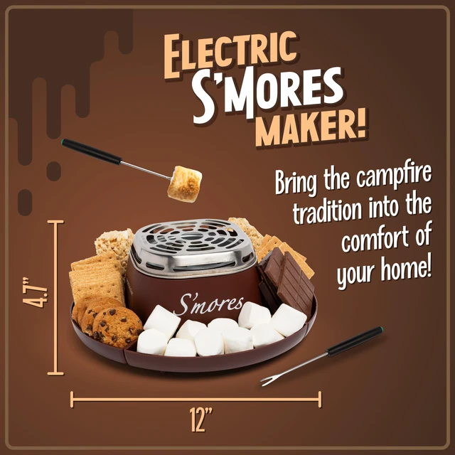Alt view image 6 of 6 - Nostalgia Tabletop Indoor Electric S'mores Maker with Marshmallow Roasting Sticks and 4 Trays for Graham Crackers, Chocolate, and Marshmallows, Brown